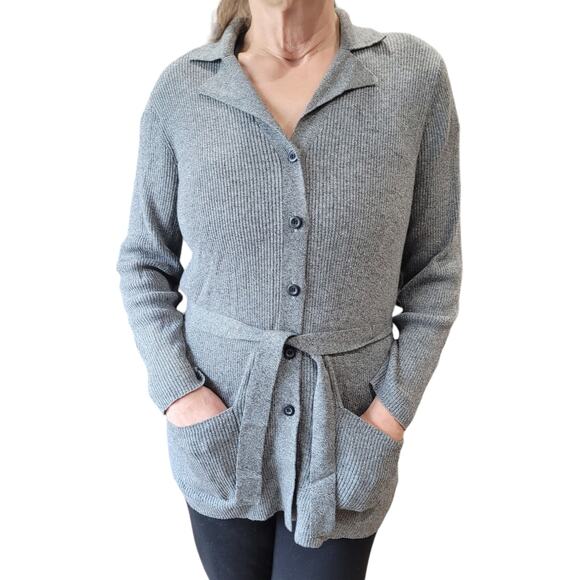 VNTG 90s Liz Claiborne Gray Belted Duster Cardigan Sweater S Petite Quietlux - Picture 2 of 10